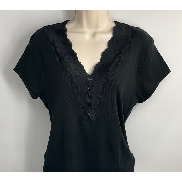 AUGUST SILK VIntage 90s Y2K  Black V-neck Lace Top Fairy Festival whimsigoth XL - Picture 1 of 11